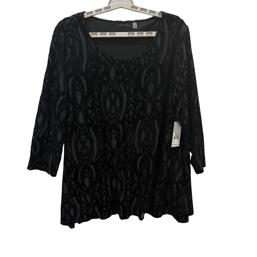 FYLO Womens Black Burnout Velvet Abstract Scoop Neck 3/4 Sleeve Top XL 824177C